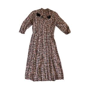 Vintage 1940s Novelty Print Dress Orange Brown Rayon Velvet Bows Abstract AS IS